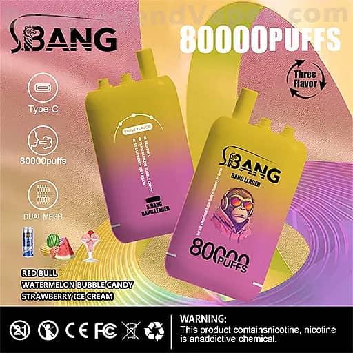 Two gradient yellow and pink disposable vape devices branded BANG with 80000 puffs sit against a colorful abstract background, highlighting Type-C charging, dual mesh coils, and three flavors, with flavor names Red Bull, Watermelon Bubble Candy, and Strawberry Ice Cream, and a nicotine warning along the bottom.