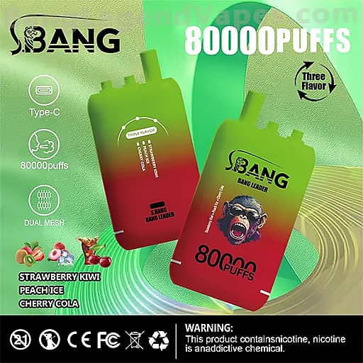 Two green-to-red gradient disposable vape devices branded SBANG with 80,000 puffs, featuring Strawberry Kiwi Peach Ice and Cherry Cola flavors, a Type-C charging icon, and a nicotine warning.