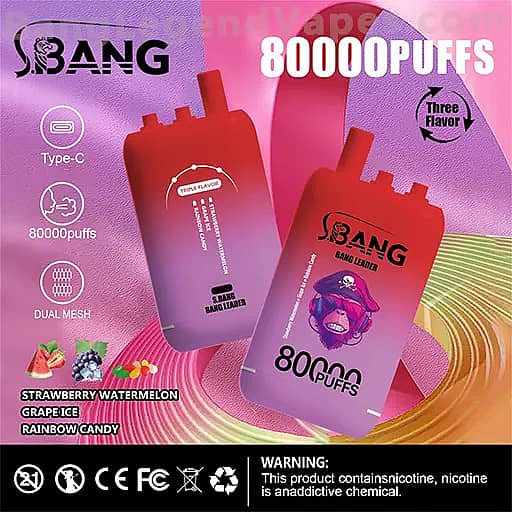 Three red-to-pink gradient SBANG vape pods labeled 80000 PUFFS are displayed against a vibrant purple-pink background; the design notes Type-C charging, dual mesh, and three flavors, including Strawberry Watermelon Grape Ice and Rainbow Candy.