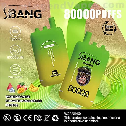 Two green Bang disposable vape devices with 80,000 puffs, one featuring a gorilla graphic; flavors include watermelon ice, strawberry and mango banana, with icons for Type-C charging, dual mesh, and a Three Flavor label, and a nicotine warning at the bottom.