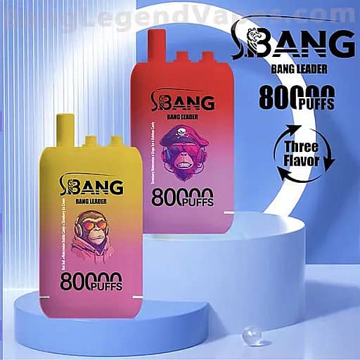 Two gradient Bang Leader vape bottles, yellow-to-pink and purple-to-red, each reading 80,000 puffs, with a monkey logo, placed on blue pedestals against a blue background and a circular Three Flavor graphic.