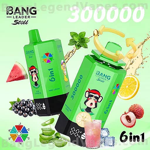 Two green Bang energy drink cartons with cartoon monkey mascots on a bright green background, labeled '6in1,' surrounded by fruit slices (watermelon, lemon, lime, berries, peach) and a pink iced drink in a glass.