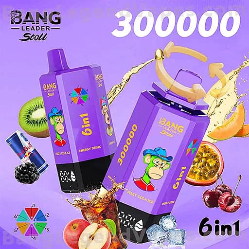 Two purple Bang energy drink cartons with a cartoon monkey, labeled '6in1', on a purple background with fruit slices (kiwi, orange, cherries, passion fruit) and splash effects; a large white '3000000' is displayed at the top.