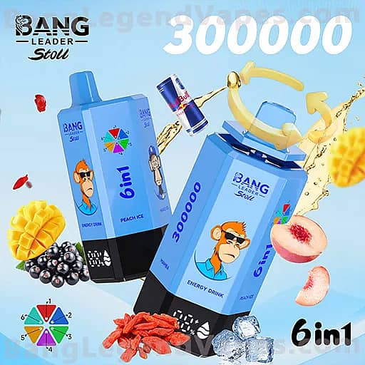 Promotional image for Bang energy drink with two blue cartons and a can labeled '6in1', featuring cartoon faces on the packaging and a splash of liquid, surrounded by assorted fruits such as mango, peach, and berries on a light blue background.