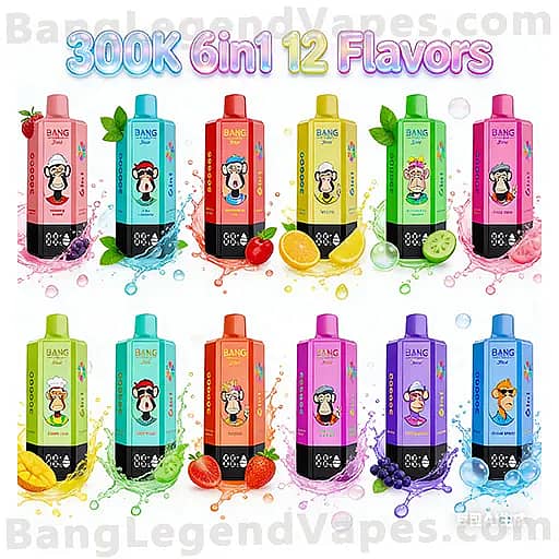 Two rows of twelve brightly colored Bang Legend vape bottles, each with a cartoon character on the label and fruit-themed accents, arranged in a colorful product collage.