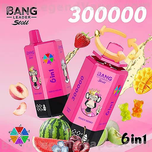 A vibrant pink advertisement featuring two pink Bang energy drink cans with cartoon mascots and the label '6in1,' set against a pink gradient background with fruit illustrations (strawberry, watermelon, pineapple) and the number 300000 at the top.