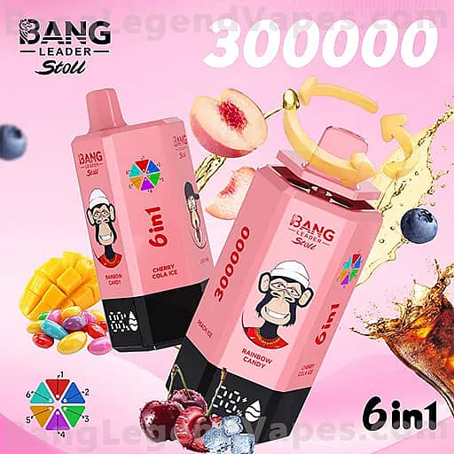 Promotional image of two pink boxed bottles featuring a cartoon monkey in a chef hat, labeled 6in1, with flavors like Rainbow Candy and Cherry Cola Ice, set against a pink background with fruit graphics and a large 300000 at the top.