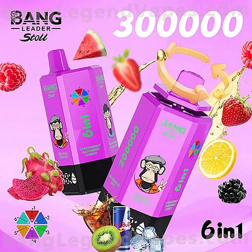 A vibrant pink promotional image featuring three purple Bang energy drink bottles with cartoon monkey labels, surrounded by floating fruit slices (strawberry, kiwi, lemon, raspberry, watermelon) and large '6in1' and '300000' text.