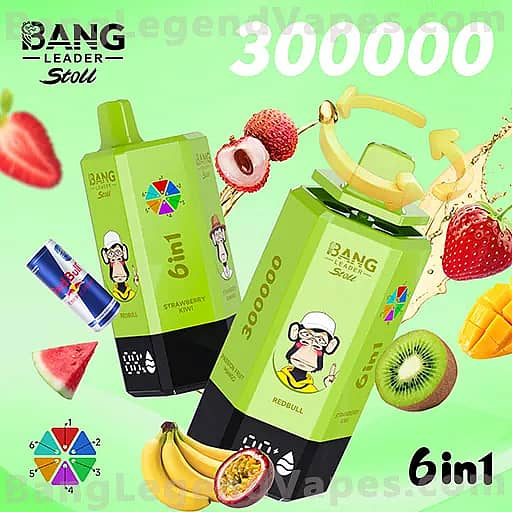 Two lime-green BANG 6in1 product boxes with cartoon monkey logos sit on a bright green background, surrounded by floating fruits (strawberry, kiwi, mango, banana) and a large white '300000' with a yellow curved-arrow motif above.