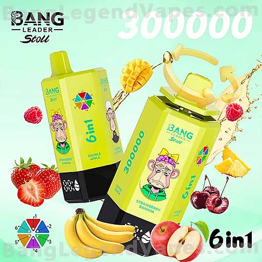 Two lime-yellow and green vape boxes labeled '6in1' with '300000', surrounded by fruit graphics (strawberries, bananas, pineapple, cherries) on a bright teal background, promoting a six-in-one flavor lineup including Strawberry Banana.