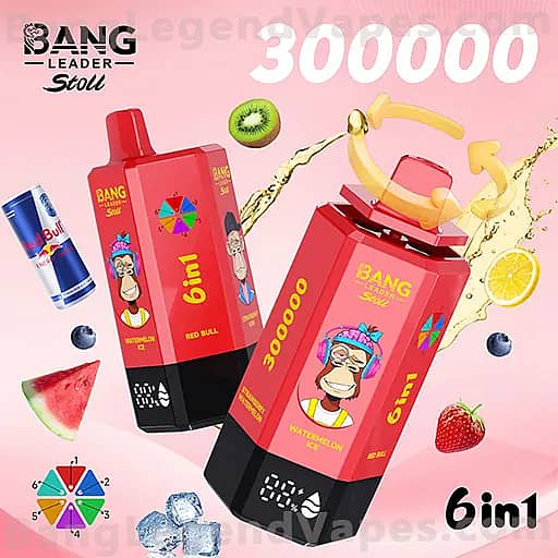 Promotional image for Bang Energy 6in1 featuring two red bottle-shaped containers with colorful cartoon graphics on a pink gradient background, surrounded by splashing fruit imagery (kiwi, lemon, strawberry, watermelon) and ice cubes, with a Red Bull can visible on the left.