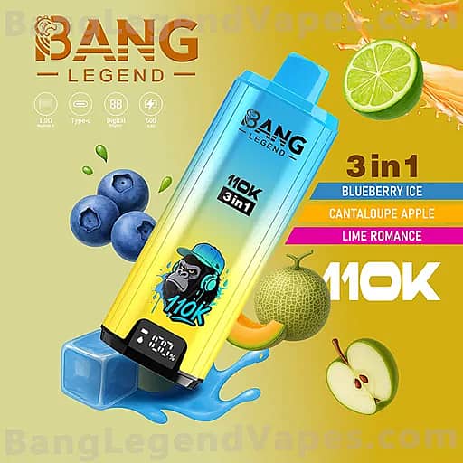 青から黄色へのグラデーションを持つBang Legend 10K 3in1ベイプデバイスが斜めに配置され、ブルーベリー、ライム、カンタロープ、リンゴのスライスで囲まれ、フレーバーはブルーベリーアイス、カンタロープアップル、ライムロマンスとラベルが付いています。.