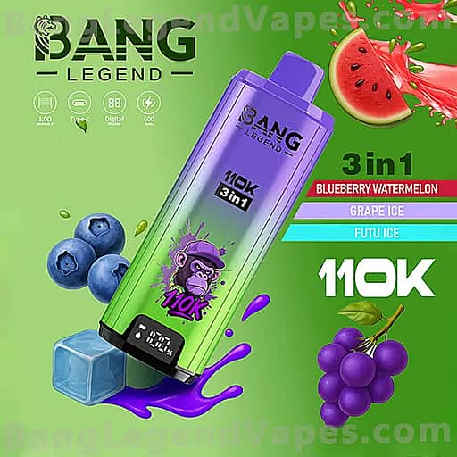 明るい緑の背景に紫から緑へのグラデーションが施されたBang Legendベイプデバイスの斜めビュー。ブルーベリー、ぶどう、氷、スイカスライスに囲まれ、3-in-1フレーバー（ブルーベリースイカ、ぶどうアイス、FUTU ICE）を宣伝する大胆な10Kラベルが目を引きます。.