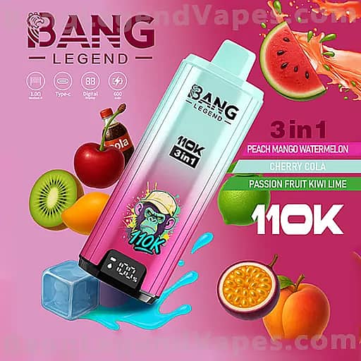 ピンクのグラデーション背景に対角に配置されたBang Legendベイプボトルで、カラフルな果物のグラフィックと大胆な「10K 3in1」ラベルがあり、ピーチマンゴウォーターメロン、チェリーコーラ、パッションフルーツキウィライムと表示されています。.
