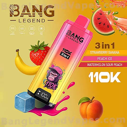 ピンクから黄色へのグラデーションを持つBang Legend 3-in-1ベイプデバイスが青い氷のキューブに対角に配置され、明るい黄色の背景にバナナ、イチゴ、ピーチ、スイカなどのフルーツの装飾と、イチゴバナナ、ピーチアイス、ウォーターメロンサワーピーチなどのフレーバーラベルが付いています。.