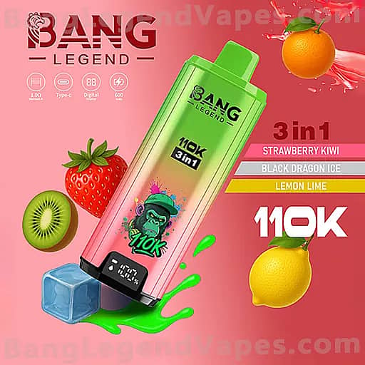 ピンクから緑へのグラデーションを持つ対角線上に配置されたBang Legendベイプボトルで、「3in1」とラベルが付いており、イチゴ、キウイ、オレンジ、レモンのイメージとピンクの背景に青い氷のキューブが取り囲み、フレーバーラベルはイチゴキウイ、ブラックドラゴンアイス、レモンライムと表示されています。.