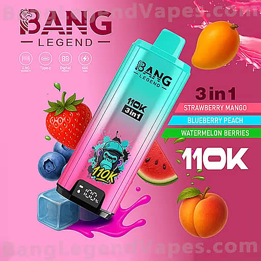 ピンクの背景に対角線に傾けられたターコイズのBang Legend 3in1ベイプデバイスが配置され、イチゴ、ブルーベリー、スイカスライス、マンゴが取り囲まれ、フレーバーラベルはイチゴマンゴ、ブルーベリーピーチ、ウォーターメロンベリーと表示されています。.