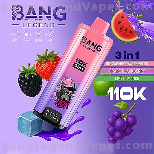 紫の背景に対角線上に配置されたピンクのBang Legend 10K 3in1ベイプボトルで、イチゴ、ブラックベリー、ぶどう、ライム、スイカなどの果物のグラフィックがあり、フレーバーラベルはイチゴウォーターメロン、ぶどうブラックベリー、ライムロマンスと表示されています。.