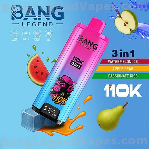 ピンクから青へのグラデーションを持つ背の高いBang Legendボトルが特徴で、「10K 3 in 1」のブランドが付いており、スイカスライスと洋ナシ、フレーバーラベルがウォーターメロンアイス、アップルペア、パッショネートキスと表示されています。.