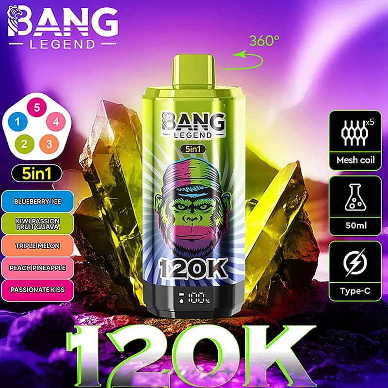 A brightly colored vape can labeled Bang Legend 120K with a cartoon gorilla on the front sits against a purple crystal background, featuring a 360° rotation cue, a left-side five-flavor list (Blueberry Ice, Kiwi Passion Fruit Guava, Triple Melon, Peach Pineapple, Passionate Kiss), and large 120K text at the bottom with icons on the right indicating mesh coil, 50 ml capacity, and Type-C charging.