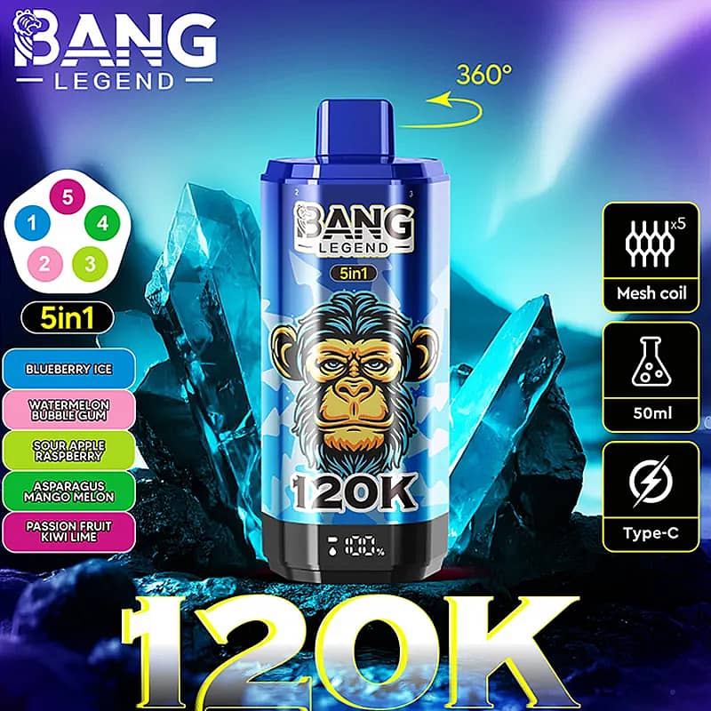 Blue Bang Legend 5in1 vape bottle labeled 120K sits on an icy crystal background with a cartoon monkey on the blue container, featuring 360-degree rotation, mesh coil x5, 50ml capacity, Type-C charging, and flavor options including Blueberry Ice, Watermelon Bubble Gum, Sour Apple Raspberry, Asparagus Mango Melon, and Passion Fruit Kiwi Lime.