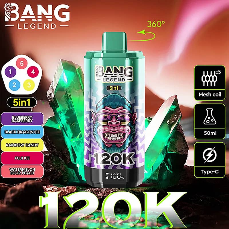A Bang Legend 120K 5in1 vape bottle with a fierce pink gorilla graphic stands among green crystals against a fiery background; left side shows flavor badges (Blueberry Raspberry, Black Dragon Ice, Rainbow Candy, Fuji Ice, Watermelon Sour Peach) and a 5in1 label, while the right side highlights include Mesh coil, 50 ml, and Type-C, with a bold 120K at the bottom.