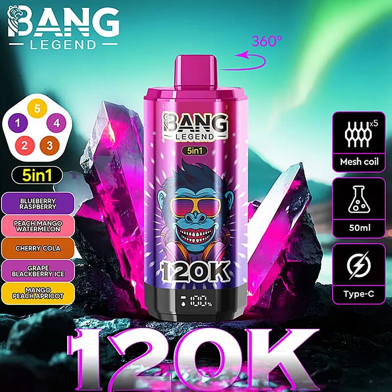 Promotional banner for Bang Legend 120K e-liquid, featuring a bright pink-purple vape bottle with a blue cartoon monkey wearing sunglasses labeled 5in1, set against crystalline magenta rocks and an aurora backdrop; left column lists flavors (Blueberry Raspberry, Peach Mango Watermelon, Cherry Cola, Grape Blackberry Ice, Mango Peach Apricot) with a 5in1 badge, and right-side icons indicate 360° rotation, 50 ml, mesh coil, and Type-C charging, with a bold 120K at the bottom.