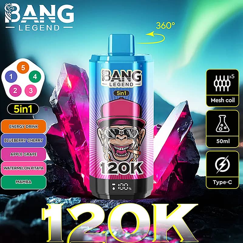 Bright Bang Legend 120K vape juice bottle with a cartoon gangster wearing sunglasses and a pink hat, set against blue and purple crystal scenery, a left-side 5-in-1 flavor wheel (Energy Drink, Blueberry Cherry, Apple Grape, Watermelon Pitaya, Mamba), and right-side icons for Mesh coil, 50 ml, and Type-C, plus a 360° rotation cue.