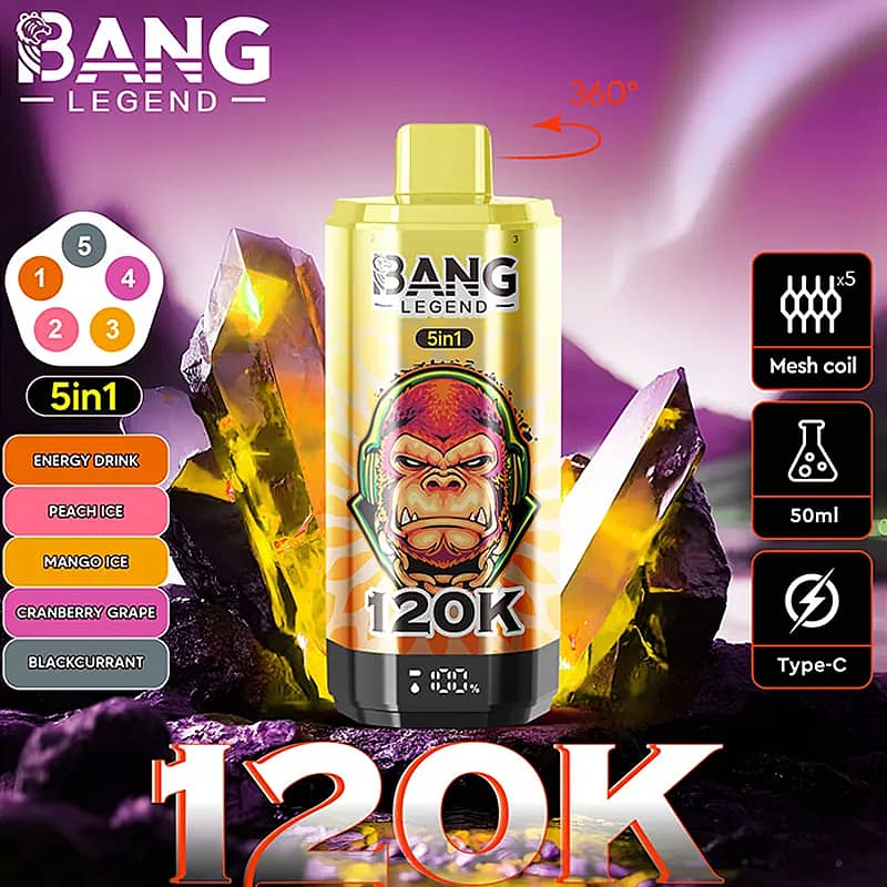 Bright Bang Legend 120K energy drink can with a bold ape logo, placed among yellow crystals on a purple background, with flavor pills on the left and icons for mesh coil, 50ml, and Type-C on the right.
