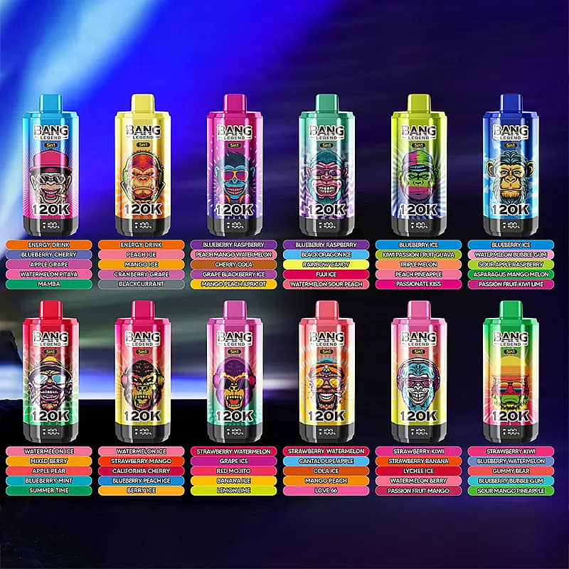 Two rows of brightly colored Bang Energy drink cans arranged in a grid, each can displaying a different flavor with a color-coded label beneath.