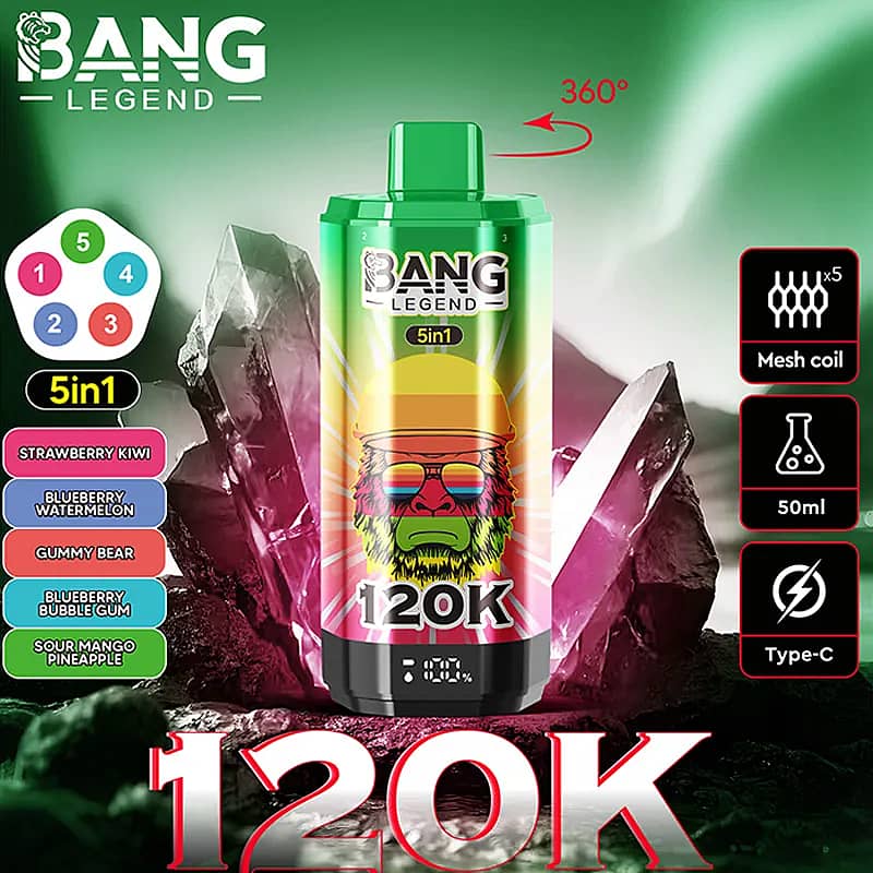 A bright promotional image for Bang Legend 120K 50ml e-liquid: a green-to-yellow bottle featuring a rainbow-colored gorilla with sunglasses stands amid crystal rocks, with five flavor options listed on the left (Strawberry Kiwi, Blueberry Watermelon, Gummy Bear, Blueberry Bubble Gum, Sour Mango Pineapple) and right-side icons noting Mesh coil x5, 50ml, and Type-C charging, plus a 360° indicator.