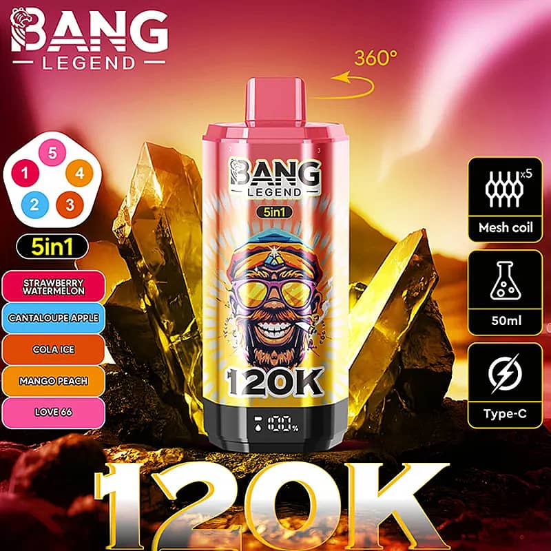 Bright promotional image for Bang Legend 120K vape bottle featuring a grinning masked figure on a pink-gold can, set among gold crystals, with 5in1, 50ml, mesh coil, Type-C icons and a flavor list: Strawberry Watermelon, Cantaloupe Apple, Cola Ice, Mango Peach, Love 66.