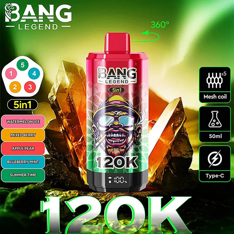 Centered pink Bang Legend 120K vape juice bottle with a 5-in-1 label and a cartoon bearded man wearing sunglasses, set against a green crystal background; features a 360-degree rotation, icons for Mesh coil, 50 ml capacity, and Type-C charging, with flavor tabs on the left (Watermelon Ice, Mixed Berry, Apple Pear, Blueberry Mint, Summer Time).
