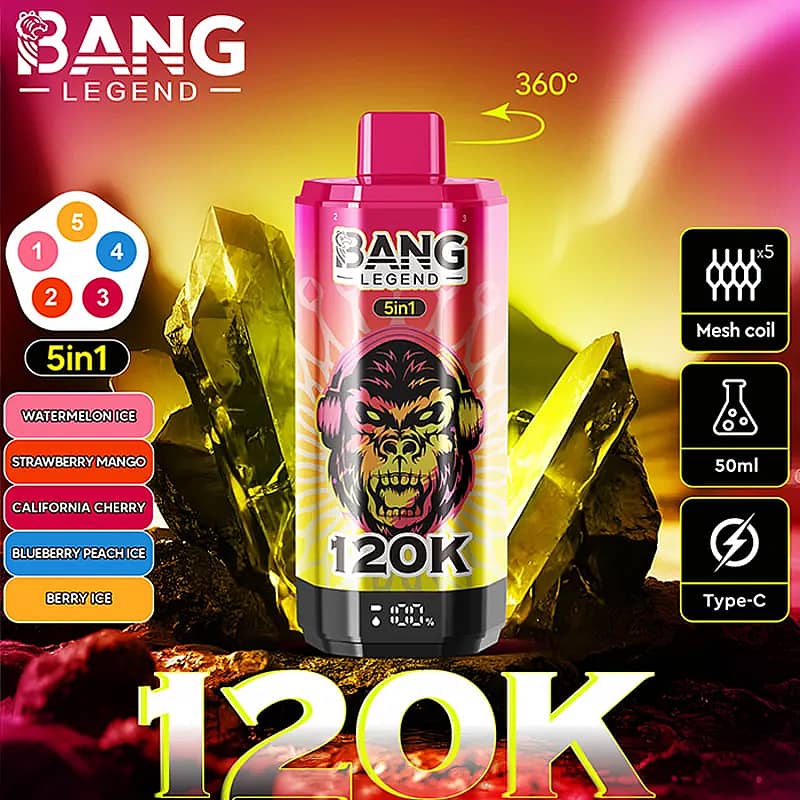 Pink Bang Legend 120K 5in1 vape juice bottle with a fierce creature graphic, 50 ml, mesh coil x5, Type-C, set against a yellow crystal background, flavors: Watermelon Ice, Strawberry Mango, California Cherry, Blueberry Peach Ice, and Berry Ice.