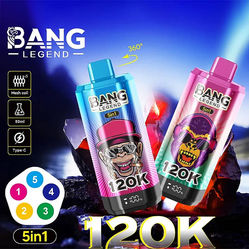 Two Bang Legend 5in1 vape bottles labeled 120K—blue bottle with a grinning cartoon man in a hat and pink bottle with a skull in sunglasses—set on rocky ground against a blue gradient background, with the Bang Legend logo and left-side icons for mesh coil, 50ml, and Type-C.