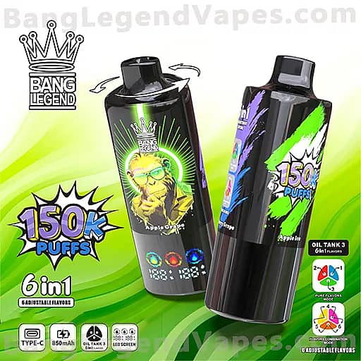 Two black vape devices with neon green and purple graphics, Bang Legend Vapes branding, and a prominent '150k Puffs' badge, highlighting 6-in-1 adjustable flavors against a lime-green background.