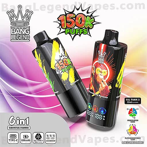 Two Bang Legend 150K Puffs vape devices with black bodies and bold neon artwork; the left device is tilted with yellow-green accents, the right device stands upright with red-yellow artwork, set against a purple-pink gradient background.