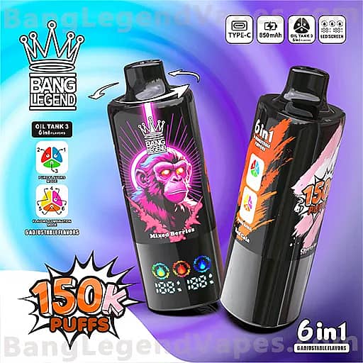 Two Bang Legend 6-in-1 vape bottles with bold graphics on a blue-to-purple gradient background; one shows a pink gorilla and is labeled Mixed Berries, the other features orange accents with six-in-one flavor options, alongside a prominent 150K Puffs graphic.