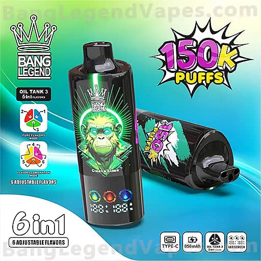 Promotional Bang Legend vape juice image featuring a black bottle with a green gorilla label reading Curvy Lime, a second device lying on its side, and a bright 150K Puffs graphic, highlighting 6 in 1 flavors.