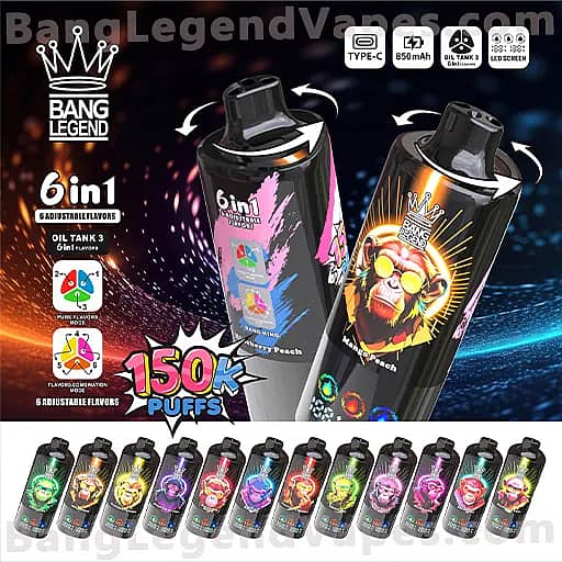 Zwei schwarze Bang Legend Vape-Geräte mit farbenfroher 6in1-Grafik und 150K Puffs-Label stehen aufrecht gegen einen dunklen Neonhintergrund; vorne befindet sich eine Reihe kleiner, farbenfroher Aromaflaschen, und das rechte Gerät zeigt einen karikierten gekrönten Affen, während das Bang Legend-Logo oben links erscheint.