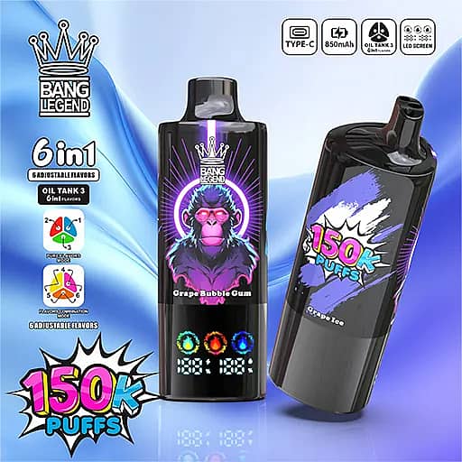 Two black Bang Legend 6in1 vape devices with vivid labels; the left device features a purple crowned gorilla for Grape Bubble Gum, the right has a purple-blue graphic, with a 150K Puffs badge and small icons for Type-C, 850mAh, and LED screen against a blue gradient background.