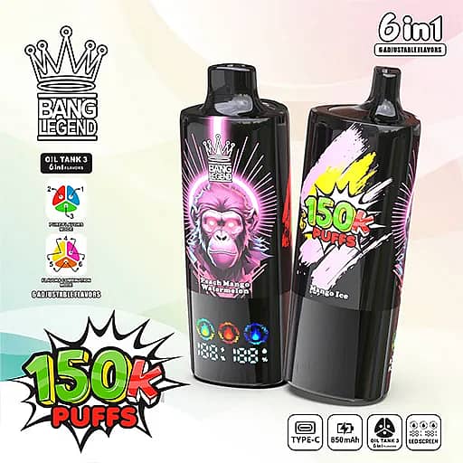 Two black, glossy vape oil-tank bottles side by side; the left bottle shows a pink crowned animal face with 'Beach Mango' text and color-icon accents, while the right bottle features a neon yellow splash design with '150K PUFFS'; a large '150K PUFFS' graphic is visible in the bottom left, along with the Bang Legend crown logo and a small '6in1' label in the background.