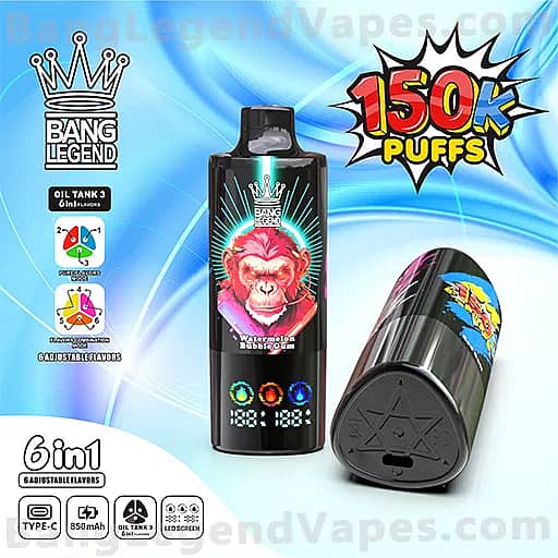 Two Bang Legend disposable vape devices on a blue swirl background, featuring a black bottle with a pink monkey wearing a crown and watermelon bubblegum label, and a second device with a colorful graphic, plus a bold 150k Puffs badge and left-side 6-in-1 adjustable flavors icons.