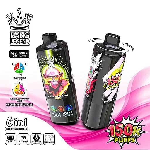 Two black cylindrical Bang Legend vape devices with colorful graphics; the left device features a pink-haired cartoon character and the flavor Strawberry Kiwi, while the right device shows a white graphic and a 150K Puffs badge, set against a pink wave background with the Bang Legend crown logo in the top left.