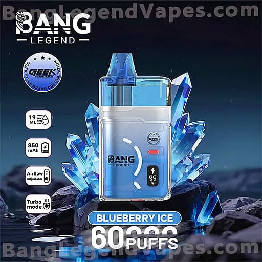 A Bang Legend blue disposable vape device labeled Blueberry Ice sits among blue crystal ice formations with a bold '60,000 puffs' claim visible.