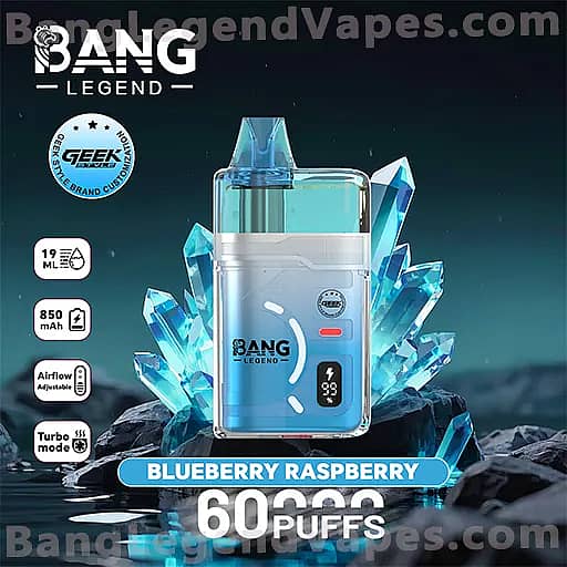 Bang Legend disposable vape with blue and transparent housing, flavor Blueberry Raspberry, shown against a crystal background, advertised for 60,000 puffs with an 850 mAh battery, 19 mL capacity, and featuring adjustable airflow and turbo mode.