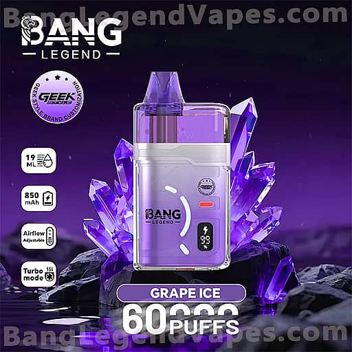 Purple grape-ice Bang Legend disposable vape perched among glowing purple crystals against a dark purple backdrop, featuring a translucent purple body, small display, flavor label GRAPE ICE, and a '60,000 puffs' claim with icons for 19 mL, 850 mAh, adjustable airflow and turbo mode.
