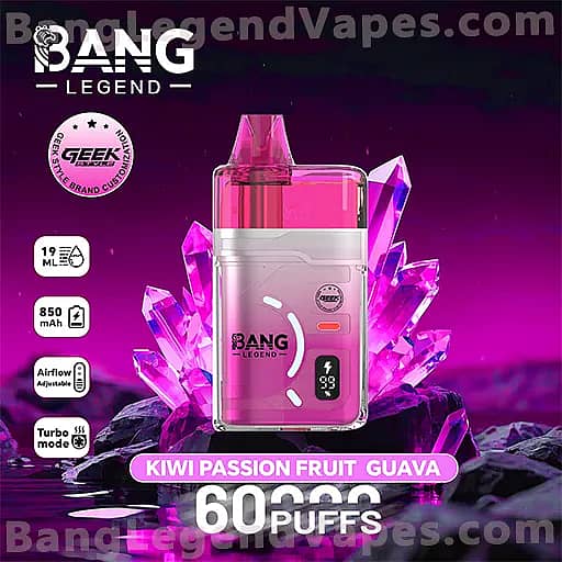 Pink Bang Legend vape pod device with a crystal purple background, featuring the Kiwi Passion Fruit Guava flavor and a 60,000-puff capacity.