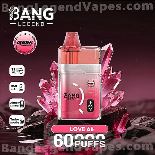 Pink Bang Legend Love 66 disposable vape device upright on a bed of pink crystals, featuring a pink liquid chamber, a small digital display, and the prominent 'LOVE 66' branding with '60,000 Puffs' text.