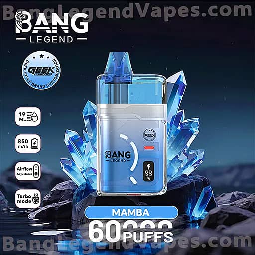 Blue Bang Legend Mamba vape pod displayed against a backdrop of blue crystals, featuring a translucent blue mouthpiece and displaying specs: 19 mL capacity, 850 mAh battery, adjustable airflow, turbo mode, and up to 60,000 puffs.